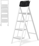Double Elite Step Ladder 4 Step Folding with Handgrip, Convenient Step Ladder with Tool Bag Safer 330 Lbs Load 4 Step Ladder Folding Step Stool, Small Sturdy Ladder for Adults with Wide Pedals, White