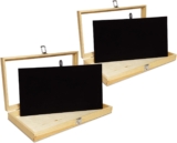 MOOCA 2 Pcs Wooden Jewelry Display Case Tempered Glass Top Lid, Pocket Knife Display Case with Metal Clasp and Removable Black Luxurious MDF Velvet Jewelry Pad, Natural Wood Color