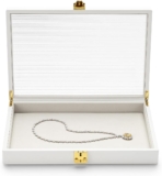 Jewelry Display Case with Clear Acrylic Lid – White PU Leather Earring & Ring Organizer Tray with Metal Clasp – Stackable Storage Box for Necklaces, Bracelets (13.8 x 9.4 Inches)