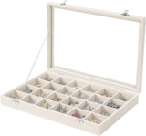 Coward Jewelry Organizer Box, Beige Velvet 24 Grids Ring Earring Jewelry Display Tray Case with Transparent Glass Lid for Home Drawer or Shop Selling