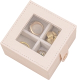 SANQIANWAN Small Leather Jewelry Box with Glass Top Mini Earring Display Case with 4 Grid for Selling Gift for Girls and Women (PearlWhite)