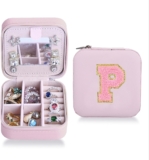 Travel Jewelry Box,P Initial Small jewelry travel case,Ring Earring Necklace Bracelet Travel Organizer Box with Mirror,Birthday Gifts for Women Mom Grandma