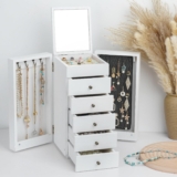 Meangood White Jewelry Box Wood for Women, 6-Layer Large Organizer Box with Mirror & 5 Drawers for Rings, Earrings, Necklaces, White