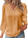 Women’s Long Sleeve Shirts 2025 V Neck Lace Tops Business Casual Dressy Blouses Work Oversized Shirts Spring Outfits