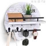 Key Holder for Wall, Round Wooden Rustic Key and Mail Organizer for Wall – Key Holder Wall Mount for Entryway, Mudroom, Hallway, Kitchen, Office – Home Decor (Pale White)