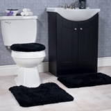 3-Piece Bathroom Rug Set – Non-Slip Bath Mat Set with Bath Rug, Contour Mat, and Toilet Lid Cover – Machine Washable Mats by Lavish Home (Black)