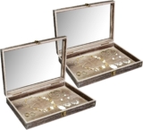 MOOCA 2 Pcs Wood Tempered Glass Top Jewelry Display Case Accessories Storage Box with Metal Clasp, Wooden Jewelry Tray for Collectibles, Pocket Knife Display Case, Coffee Color