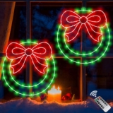Christmas Wreath Window Lights Decorations, 2 Packs 14″ Christmas Window Lights with Bow, Timer Remote Control USB Powered Window Silhouette Light for Door Home Winter Xmas Party