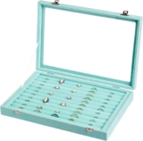Frebeauty Rings/Earrings Organizer Tray with Clear Lid 10 Slots Velvet Drawer Insert Jewelry Storage box Transparent Glass lid Jewelry Display Case Showcase Gift for Girls Women (Turquoise, 10 Slots)