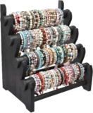Ikee Design Antique Wooden 4 Tier Jewelry Bracelet Display Stand Bangle Scrunchie Organizer Holder for Store, Showcase and Home Storage, 12″ W x 9″ D x 14″ H, Black Color