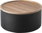 Yamazaki Home Rin Round Storage Case, Snacks, Toy, Or Craft Supplies Holder, Sewing Box Organizer, Wooden Lid Tray – Tall – Steel + Wood