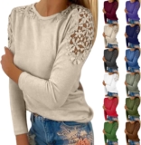 Womens Lace Crochet Long Sleeve Spring Tops Casual Loose Solid Shirts Trendy Pullover Blouse