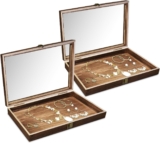 MOOCA 2 Pcs Wood Tempered Glass Top Jewelry Display Case Accessories Storage Box with Metal Clasp, Wooden Jewelry Tray for Collectibles, Pocket Knife Display Case, Brown Color
