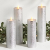 LampLust Flickering Flameless Candles, Set of 4 Silver Pillar Candles, Battery Operated, Romantic Candles, Great for Proposal Decorations, Wedding Centerpieces, Enchanted Forest Decorations