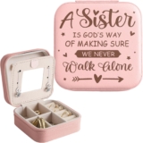 Mothers Day Gifts for Sister, Sister Gifts from Sister, Small Travel Jewelry Case for Women, Sister Pink Portable Leather Travel Jewelry Box Organizer with Mirror Gifts for Birthday Christmas