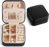 Small Travel Jewelry Case, To Go Portable Jewelry Box, Travel Jewelry Organizer,Portable Jewellery Storage Holder for Rings Earrings Necklace, Gifts for Girls Women with Mirror -Black