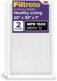 Filtrete 20x30x1 AC Furnace Air Filter, MERV 12, MPR 1500, CERTIFIED asthma & allergy friendly, 3 Month Pleated 1-Inch Electrostatic Air Cleaning Filter, 2-Pack (Actual Size 19.81×29.81×0.78 in)