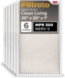 Filtrete 20x25x1 AC Furnace Air Filter, MERV 5, MPR 300, Capture Unwanted Particles, 3-Month Pleated 1-Inch Electrostatic Air Cleaning Filter, 6-Pack (Actual Size19.69×24.69×0.81 in)