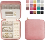 BLUTETE Travel Jewelry Box Organizer Velvet Travel Case With Mirror Ring Earrings Necklaces Storage Organizer Box (Coral Pink)